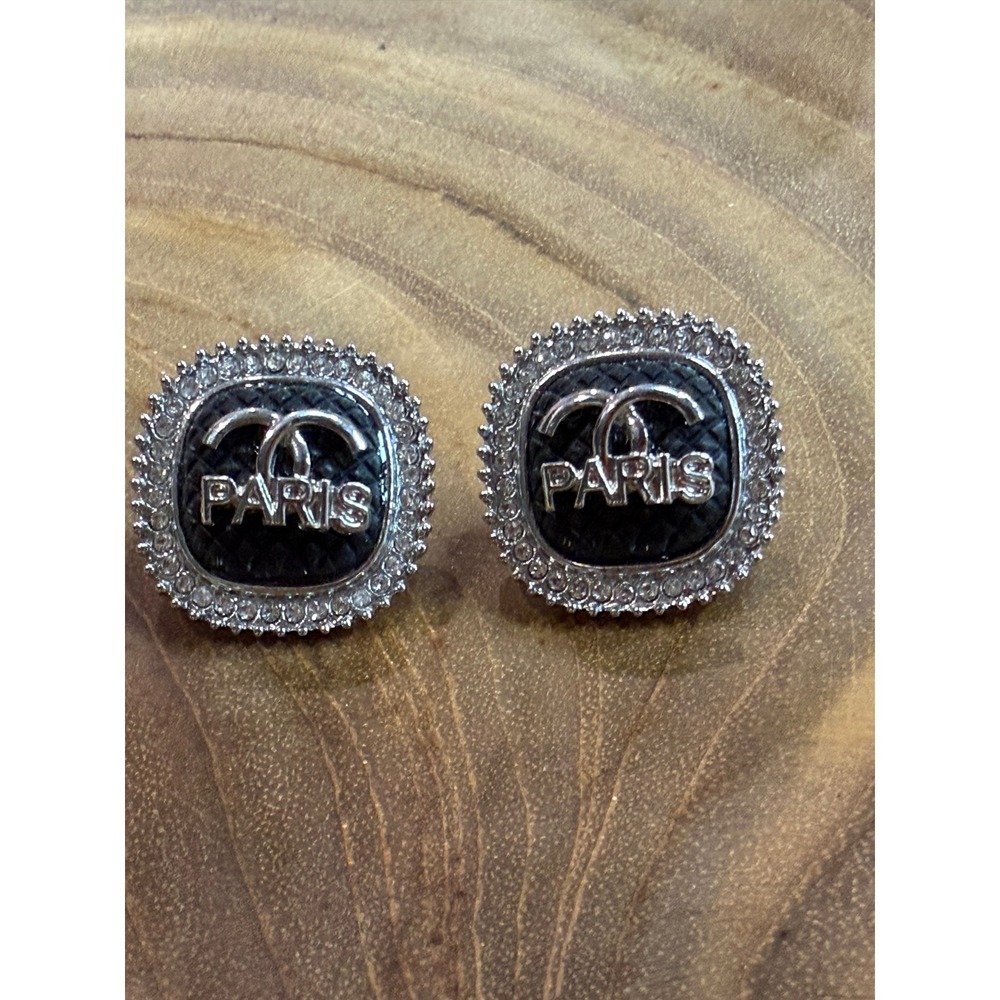 Silver Tone Quilted Black Paris Logo Rhinestone Halo Square Stud Earrings NEW